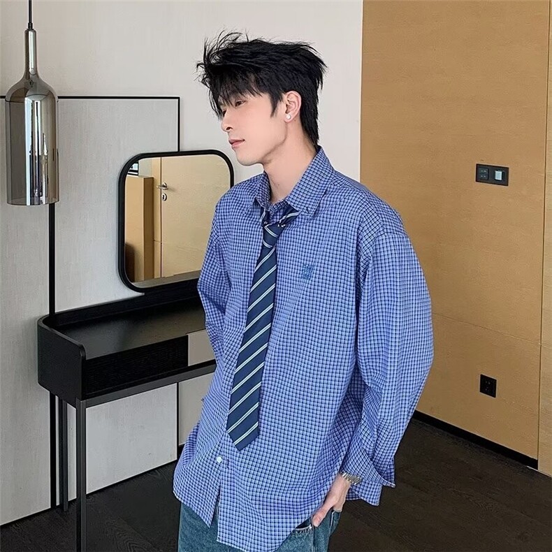 美式复古慵懒宽松蓝色格子长袖衬衫男2026新款百搭休闲时尚衬,男装衬衫,星座218-1（原230）