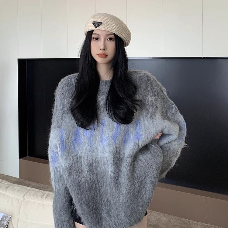 美式复古马海毛渐变色毛衣女冬季宽松慵懒加厚套头针织衫上衣秋冬,男装针织衫/毛衣,星座506A