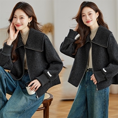 2024秋冬新款海军领拉链双面羊毛大衣短款减龄洋气70羊毛外套，女装毛呢外套，拾衣