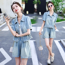 新中式国风牛仔套装女薄款2025夏季新款小个子盘扣阔腿短裤两件套，女装套装/套裙，意芙