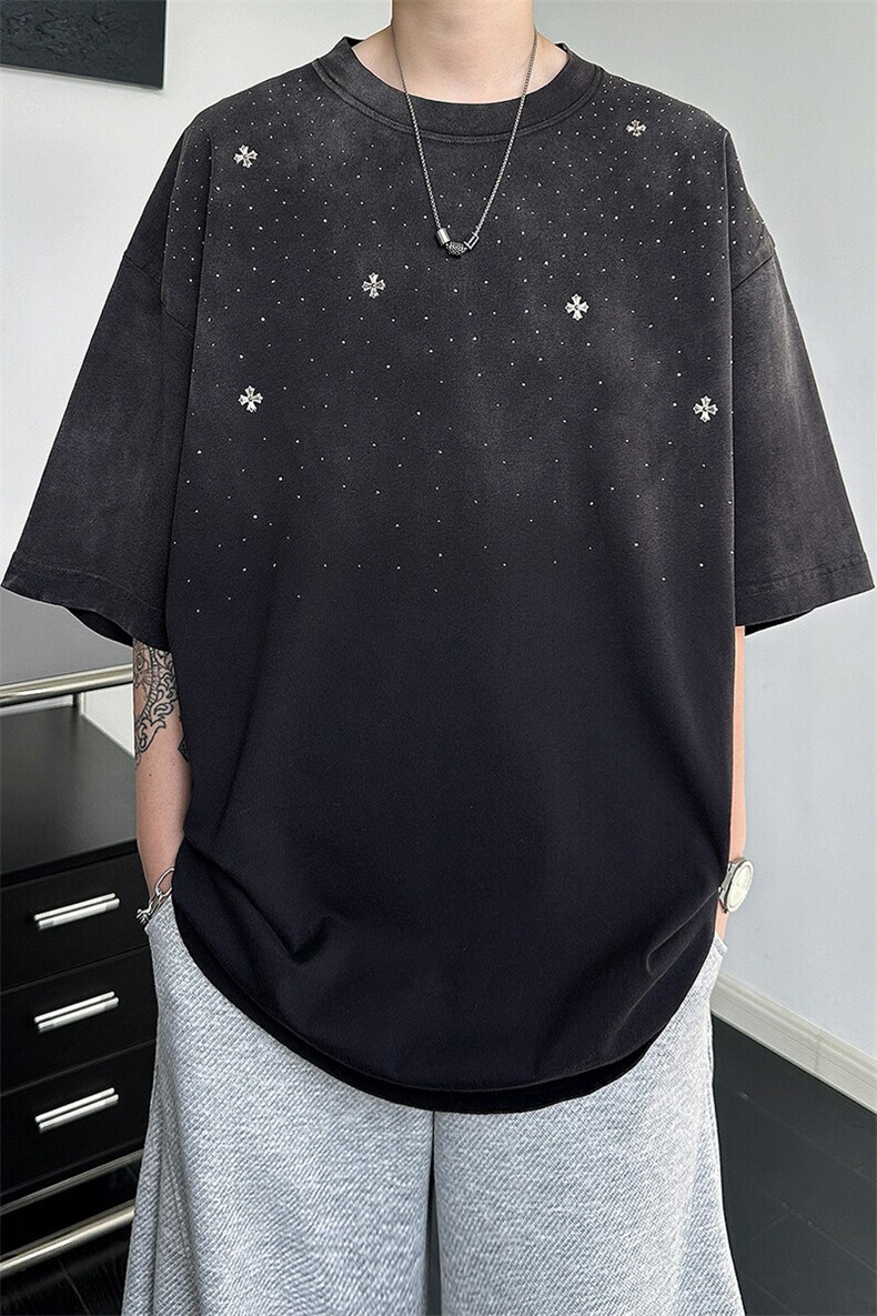 8XL-M满天星轻奢烫钻宽松版落肩纯棉短袖T恤新款夏百搭上衣DX337,男装T恤,电商D206-1