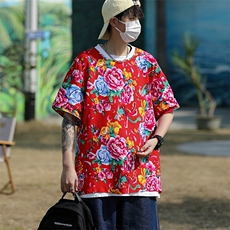 HT202男士夏大码人棉大花红黑圆领短袖透气凉爽TEE恤棉纱风，男装T恤，星座115A(原星座507）