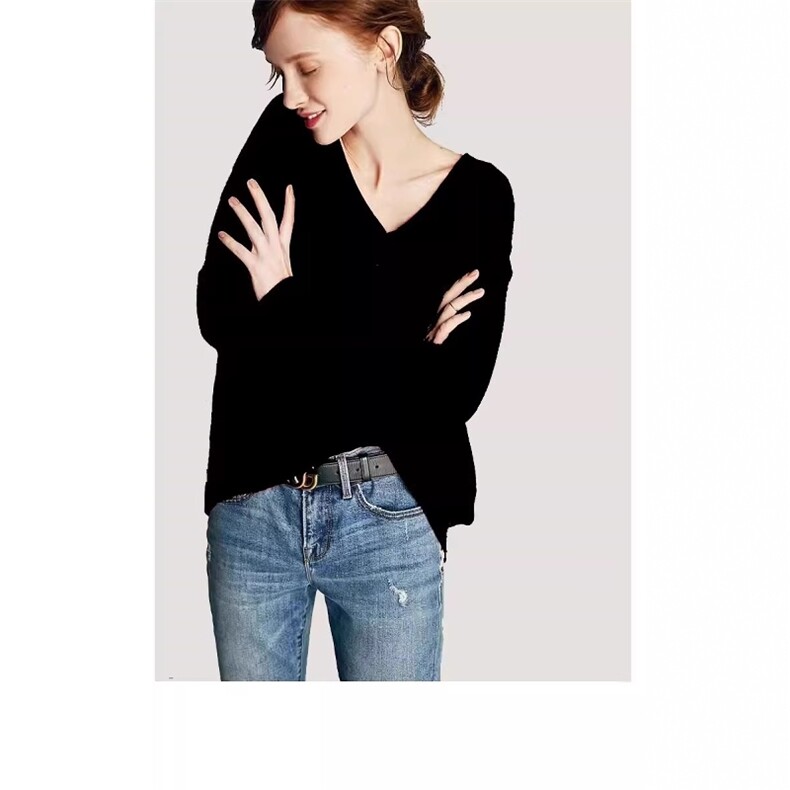 秋冬新款宽松慵懒衫女V领针织羊毛打底衫落肩套头休闲毛衣潮，女装羊毛衫，丽特绒