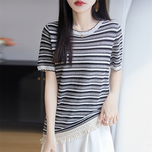 夏季花边圆领莱赛尔天丝半袖T恤女宽松撞色条纹休闲针织短袖上衣图片