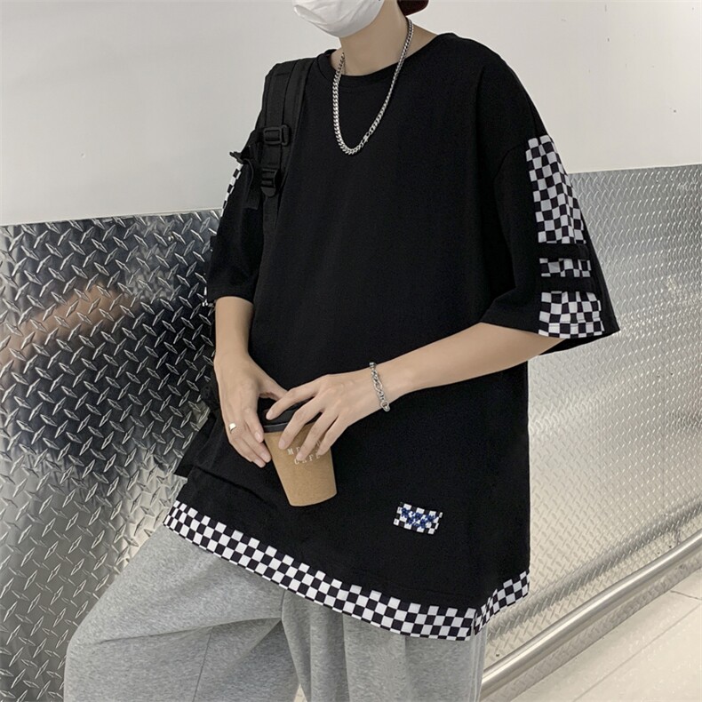 夏季假两件短袖T恤男拼接格子ins潮牌日系复古上衣 T1314-P30图片