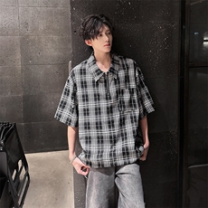 405A美式高阶烫钻格子半拉链设计衬衫短袖T恤T2513-P55控78，男装T恤，星座405A
