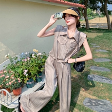 轻奢气质高级感时尚套装女夏季2025新款通勤无袖上衣阔腿裤两件套，女装套装/套裙，2C095