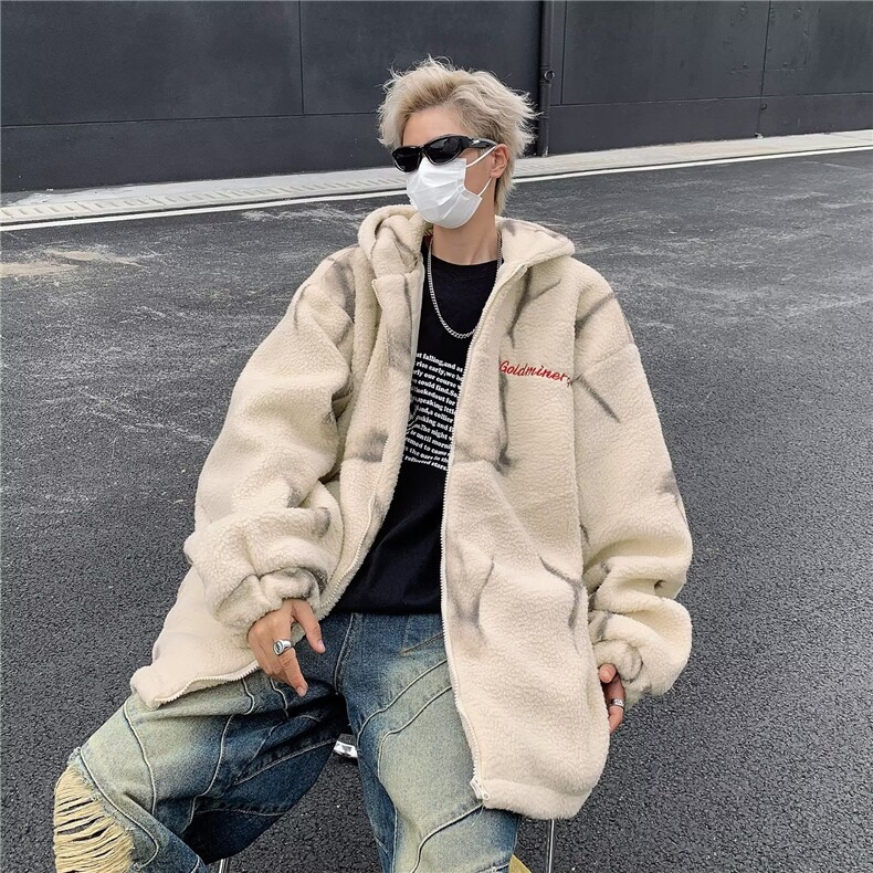 美式扎染羊羔绒棉服男加厚保暖棉衣冬季潮宽松连帽棉袄外套M8007,男装夹克,星座1116A-1（原606A）
