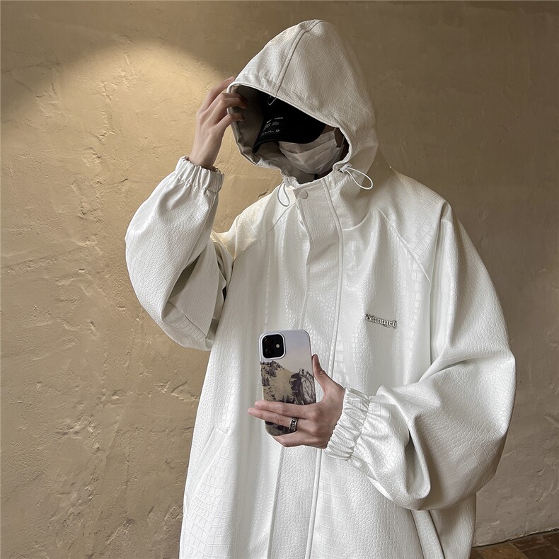 港风连帽鳄鱼纹PU皮衣大码M-5XL情侣冲锋衣夹克男JK8744P90控128,男装夹克,星座227-7