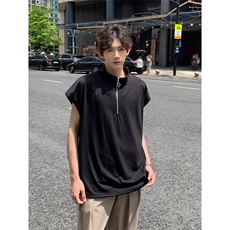 现货夏季薄款宽松宽肩无袖立领运动坎肩背心纯色拉链t恤BX08-P35，男装T恤，星座205-5
