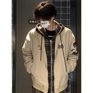 美式复古假两件连帽棉服外套男女冬季加厚保暖情侣棉衣 JY66图片