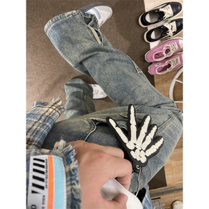 【有货】拉链微喇牛仔裤男美式vibe风裤子高街直筒X222LL-特P45图片