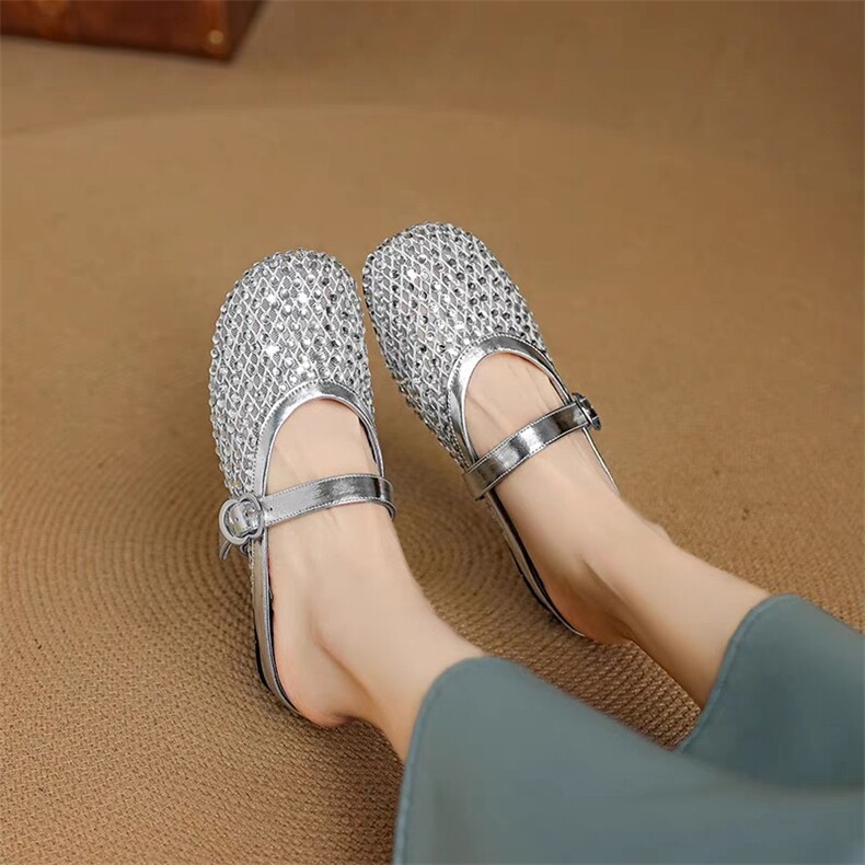 绝美银色水钻透气网纱内增高半拖鞋仙女风凉拖穆勒鞋，女鞋凉鞋，泰合衣坊
