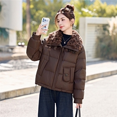 蛋白皮羽绒服女短款2025冬季加厚毛领宽松显瘦pu皮衣短外套百搭女，女装羽绒服，意芙