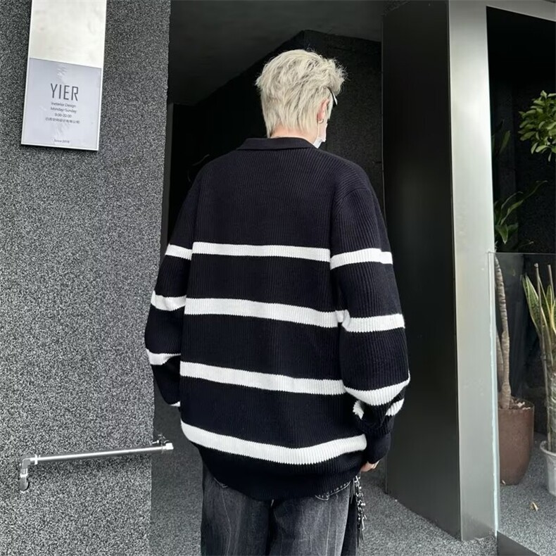 美式高街条纹翻领毛衣男潮牌半拉链设计套头针织衫上衣,男装针织衫/毛衣,星座410-7
