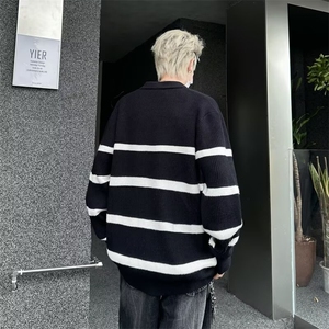 美式高街条纹翻领毛衣男潮牌半拉链设计套头针织衫上衣图片