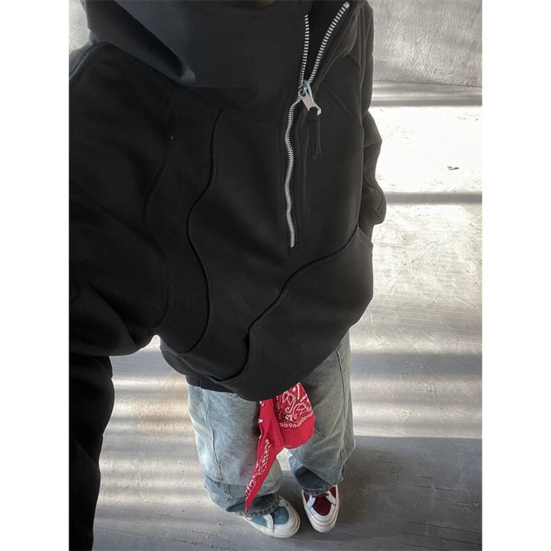 抖音得物二开美式重磅宽松结构拉链设计防风高领连帽卫衣外套W76,男装卫衣,电商A486-1