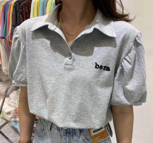 夏季新款短款polo领T恤衫抽绳泡泡袖上衣，女装T恤，BBGG