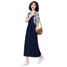 2021新款夏装时尚气质圆领条纹T恤+可调节牛仔背带裙套装，女装套装/套裙，艾贝斯