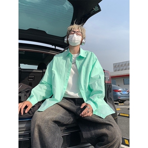 薄荷曼波绿色慵懒风衬衫男薄款防晒长袖衬衣外套C2242-特价46图片