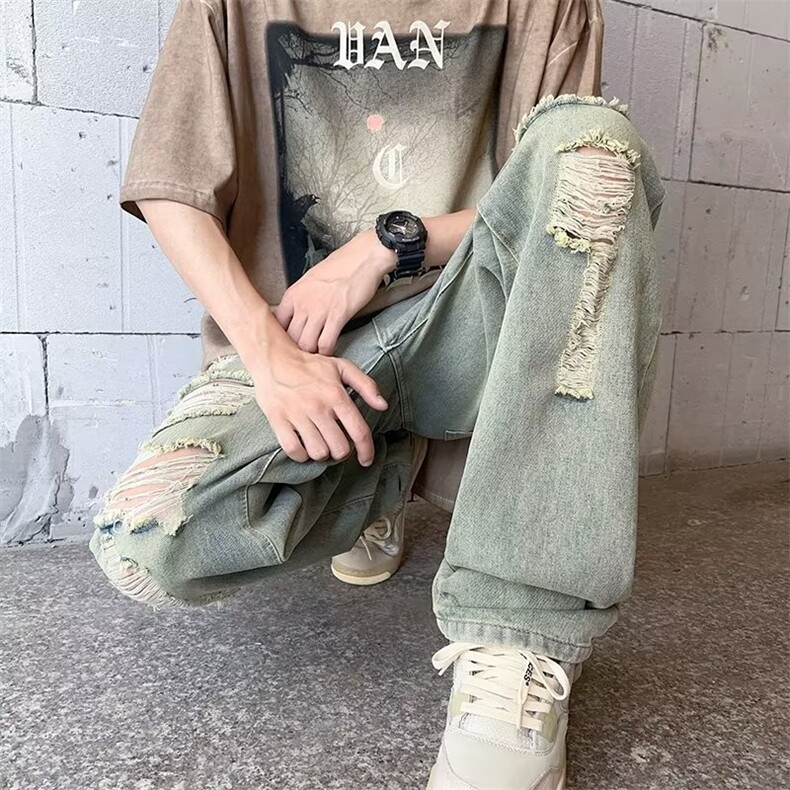 高街美式复古水洗破洞牛仔裤男宽松直筒垂坠感嘻哈长裤子GN21-P45,男装牛仔裤,星座1008