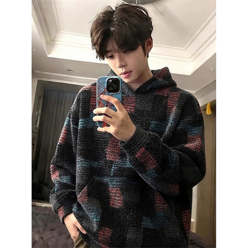 毛绒针织卫衣男款冬季撞色格子重磅连帽衫慵懒小香风外套WM19，女装短外套，星座1116A（原606A-3）