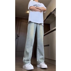 加绒牛仔裤男款显瘦弯刀微喇裤高街直筒显高美式裤子NZ6301，男装牛仔裤，星座516A