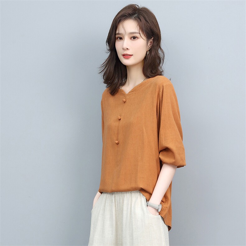 2022春款宽松显瘦棉麻上衣女长袖V领休闲百搭透气舒适T恤,女装T恤,悦见她