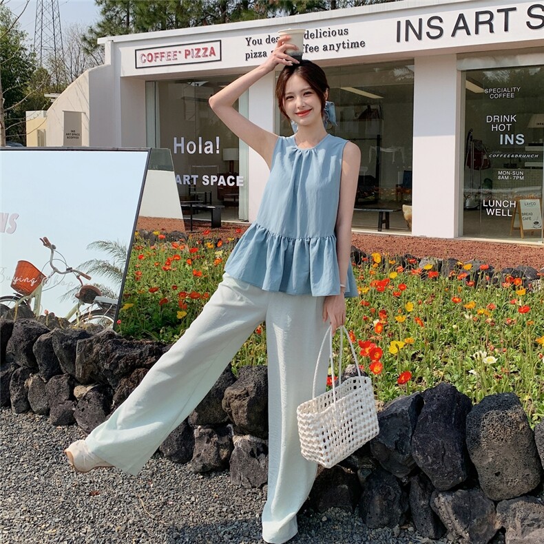 设计感荷叶边马甲背心套装女2025夏季一整套ootd穿搭阔腿裤两件套,女装套装/套裙,2C135