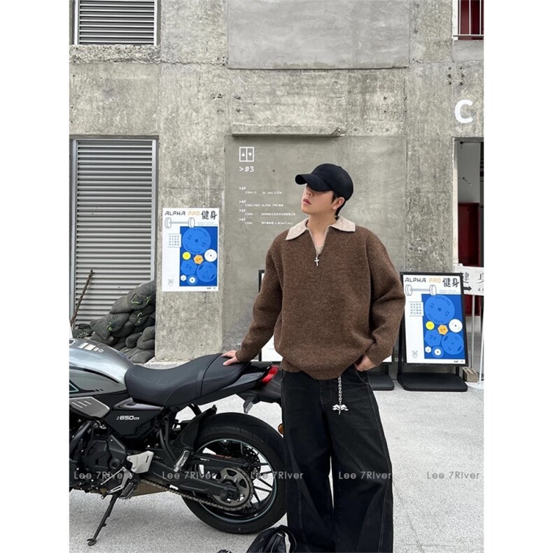 美式假两件秋冬撞色翻领Polo毛衣男复古宽松针织衫,男装针织衫/毛衣,四季星座505