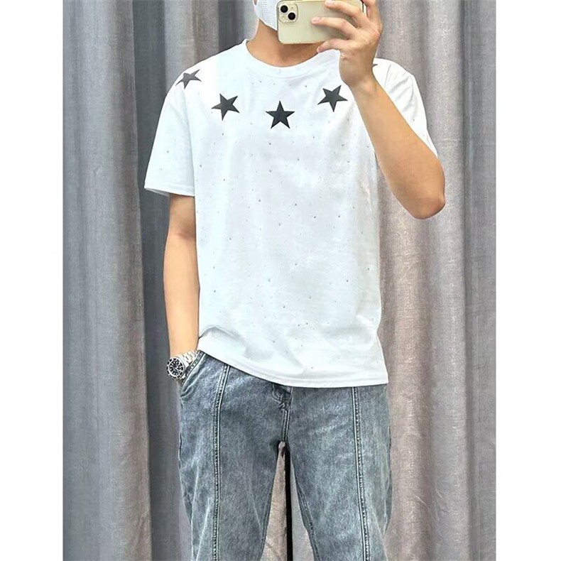 夏季新款五角星潮牌烫钻满天星短袖T恤男宽松时尚设计感半袖上衣图片