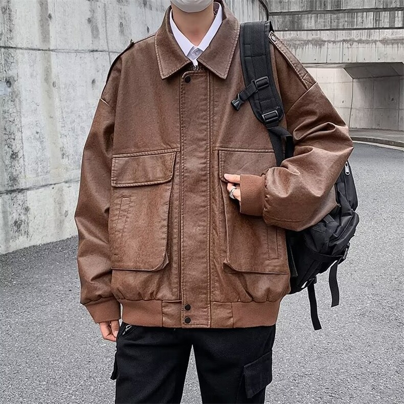 美式复古机车棕色皮衣外套男潮飞行员棒球服夹克骑行服PY120P75,男装皮衣,星座410-2