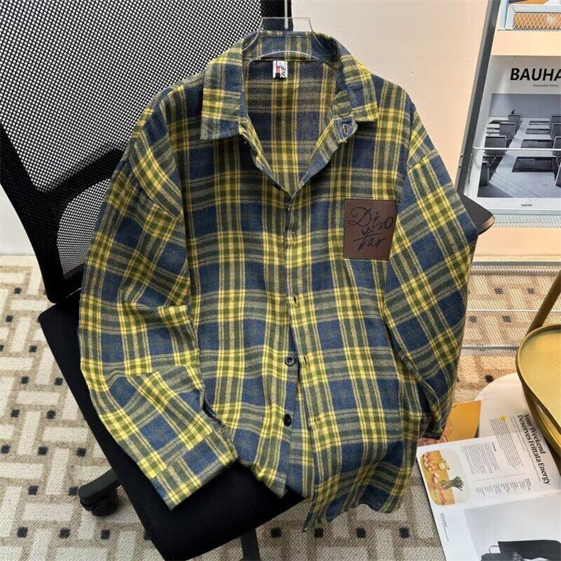 日系街头美式潮牌休闲简约复古百搭翻领衬衣开衫格子衬衫,男装衬衫,星座1013