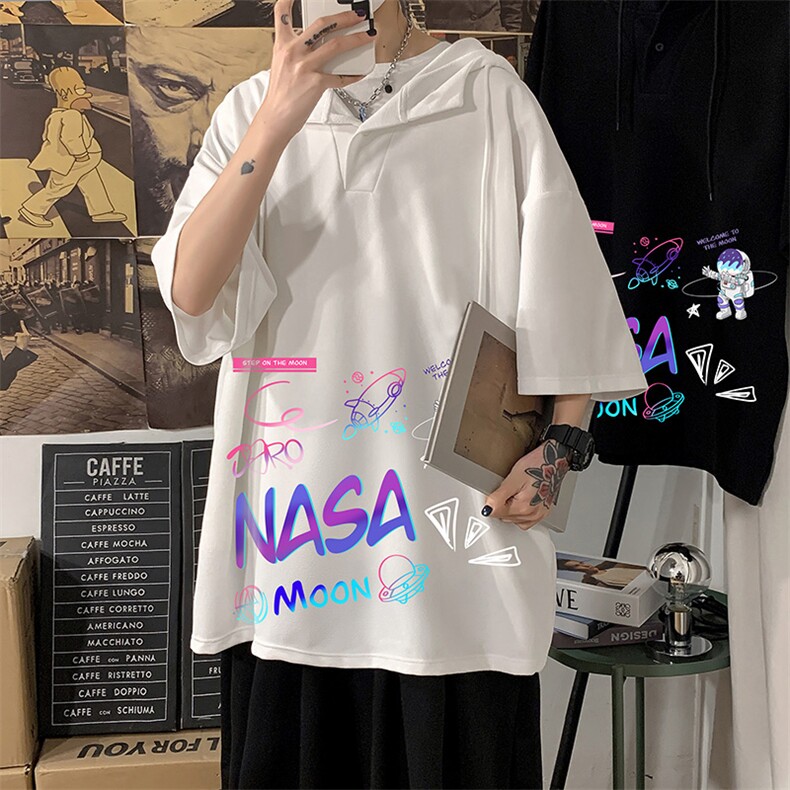 LD54186-P45NASA联名同款连帽短袖t恤男大码胖子带帽五分袖海报风,男装T恤,电商A040