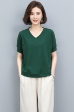 时尚女夏2022新款洋气宽松休闲纯棉短袖V领T恤亚麻裤子，女装T恤，阿丹