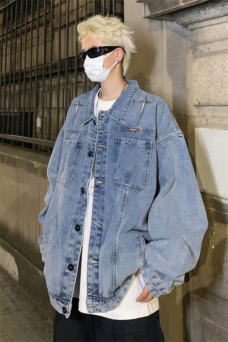 男装牛仔外套2026秋几何绣标印花男生翻领夹克XZ514-2-N100-P88,男装工装外套,星座514-2(原B239)