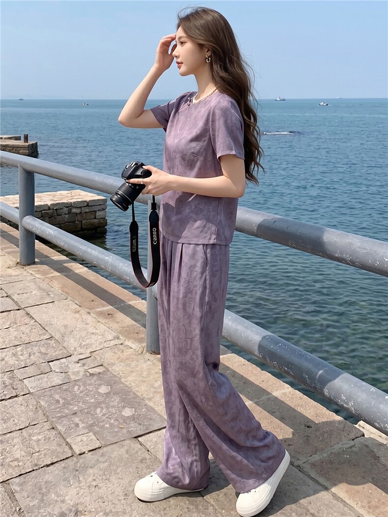 新中式气质减龄套装女夏款气质显瘦刺绣印花上衣阔腿长裤两件套,女装套装/套裙,江南