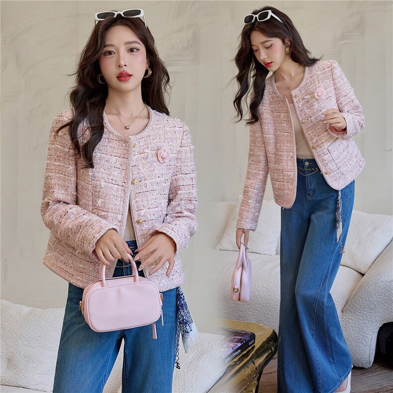 粉色小香风粗花呢短外套女2025秋季新款小个子气质名媛超好看上衣，女装短外套，雅静靓衣