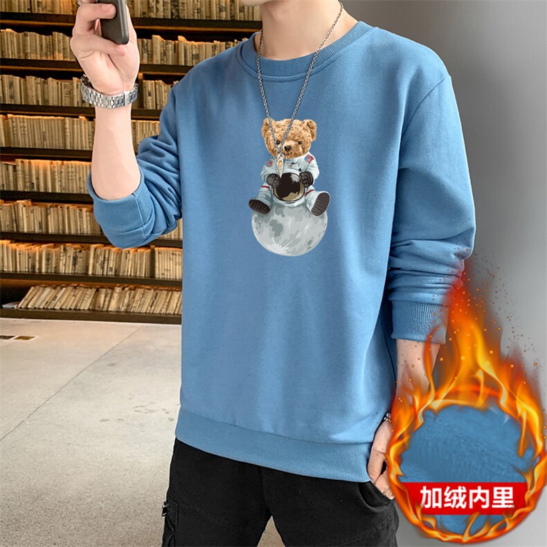 抖音现货热销秋冬男士休闲大码小熊印花潮流圆领加绒卫衣打底衫,男装T恤,星座1816-2（原1210–2）
