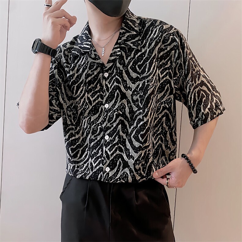 S87/P58控78 夏季社会小伙复古轻奢冰丝条纹凉感衬衫男黑首1图片