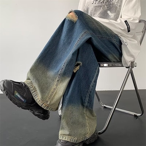 美式高街潮牌做旧破洞牛仔裤男新款直筒宽松阔腿长裤 K7285-P46图片
