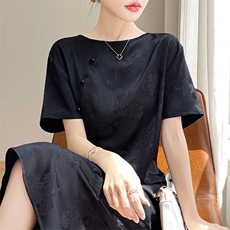 中式百搭圆领丝滑缎面印花裙显瘦三醋酸长裙改良旗袍裙女士连衣裙，女装连衣裙，佳绒高端店