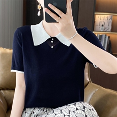 翻领冰丝短袖针织衫女夏季薄款设计感钉珠拼色POLO衫T恤打底上衣，女装针织衫/毛衣，暖姿羊绒