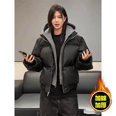 现货高品质重磅工艺美式高街假两件PU皮棉衣男女加厚棉服外套，男装棉衣，电商A443