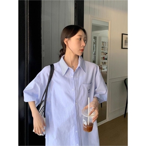 多巴胺笑脸刺绣短袖衬衣女男夏季潮牌宽松翻领条纹衬衫T恤ins图片