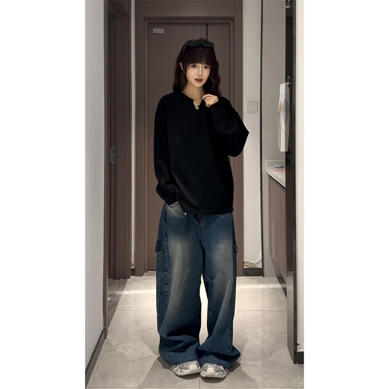 美式高街千鸟格子长袖T恤男女亨利V领英伦雅痞休闲宽松长袖打底衫，男装T恤，电商A443