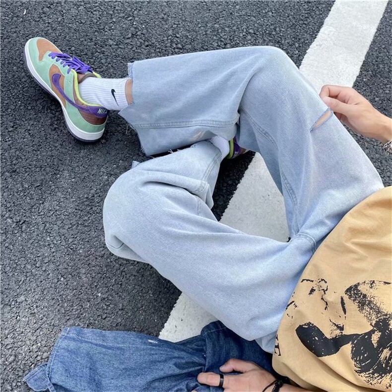 破洞毛边牛仔裤男潮流宽松直筒休闲九分裤潮牌阔腿老爹裤N224-p38,男装牛仔裤,星座1008-1