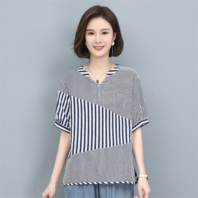 时尚条纹宽松短袖衬衫女夏季新款韩版百搭显瘦上衣休闲女装,女装衬衫,叶笙衣