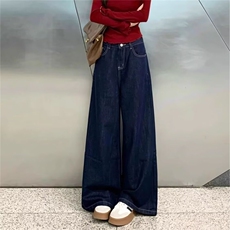 深蓝色阔腿牛仔裤女秋冬2025年新款加绒加厚显瘦垂感宽松直筒裤，男装牛仔裤，星座1210-1