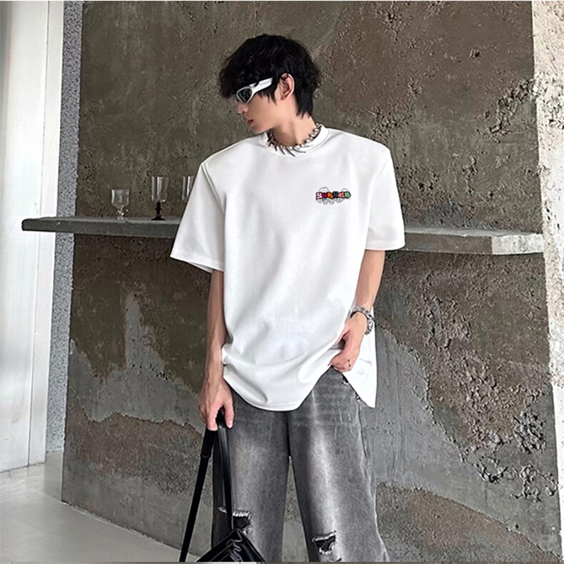 抖音得物供货210克现货宽松纯棉美式潮牌印花落肩袖纯棉T恤AT2164,男装T恤,电商A443
